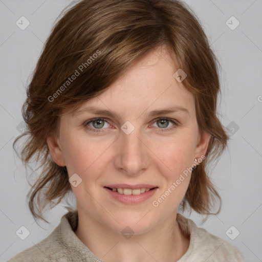 Joyful white young-adult female with medium  brown hair and blue eyes