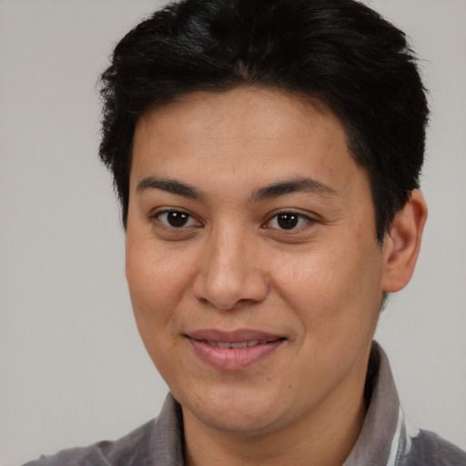 Joyful asian adult female with short  brown hair and brown eyes