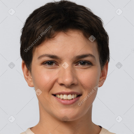 Joyful white young-adult female with short  brown hair and brown eyes