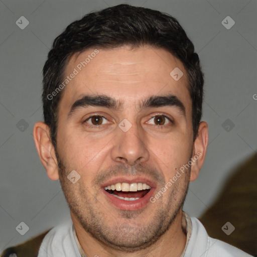 Joyful white young-adult male with short  brown hair and brown eyes