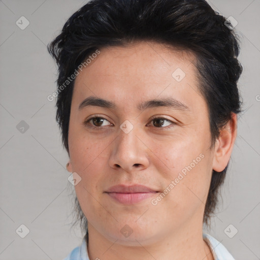 Joyful asian young-adult male with medium  brown hair and brown eyes