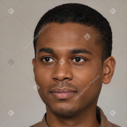 Neutral black young-adult male with short  black hair and brown eyes