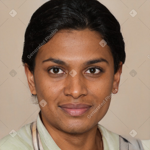 Joyful latino young-adult female with short  brown hair and brown eyes