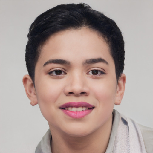 Joyful white young-adult female with short  black hair and brown eyes