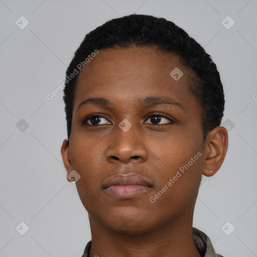 Neutral black young-adult female with short  black hair and brown eyes