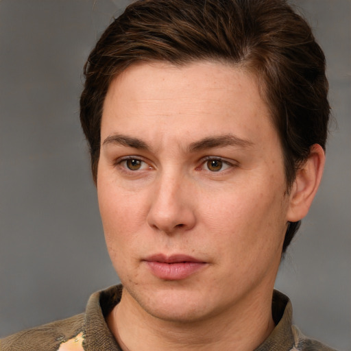 Neutral white adult female with short  brown hair and brown eyes