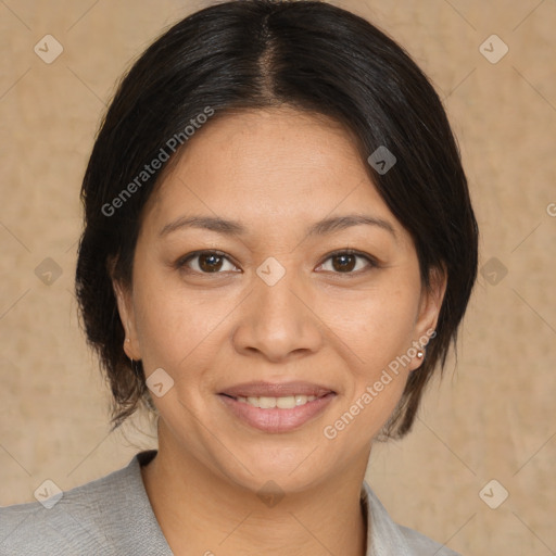 Joyful white young-adult female with medium  brown hair and brown eyes