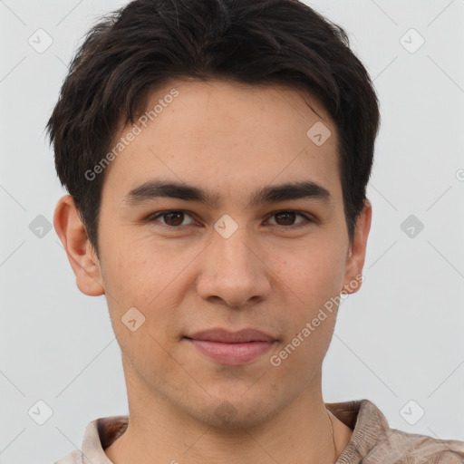 Joyful white young-adult male with short  brown hair and brown eyes