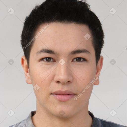 Neutral asian young-adult male with short  brown hair and brown eyes