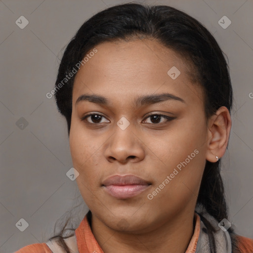 Joyful black young-adult female with medium  brown hair and brown eyes