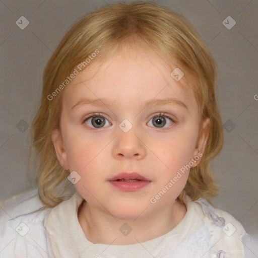 Neutral white child female with medium  brown hair and blue eyes