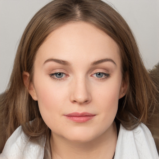 Neutral white young-adult female with long  brown hair and grey eyes