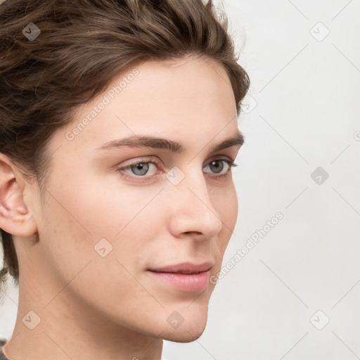 Neutral white young-adult female with medium  brown hair and grey eyes