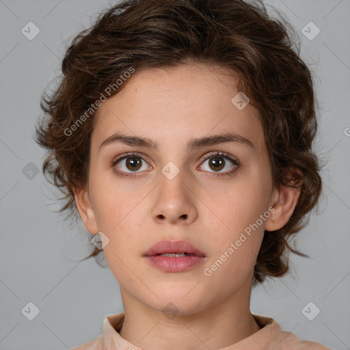 Neutral white young-adult female with medium  brown hair and brown eyes