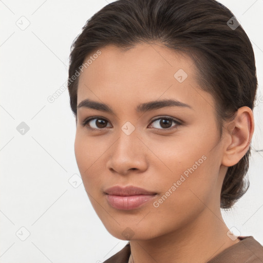 Neutral white young-adult female with short  brown hair and brown eyes