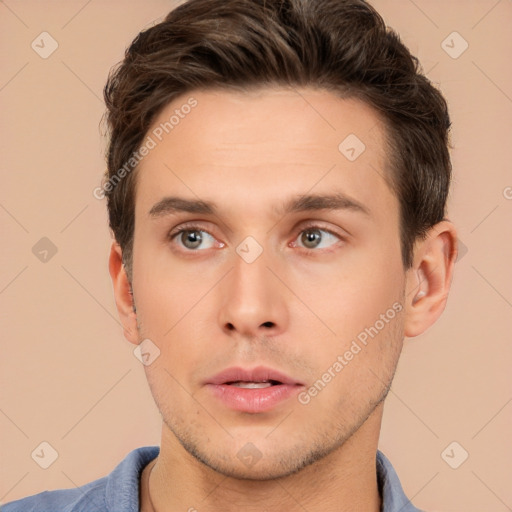 Neutral white young-adult male with short  brown hair and brown eyes