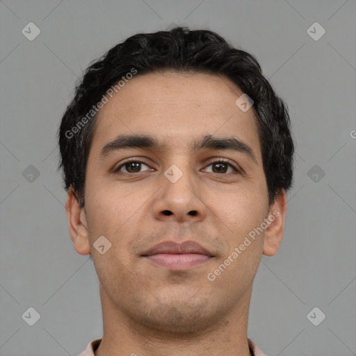 Neutral latino young-adult male with short  black hair and brown eyes