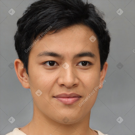 Joyful asian young-adult male with short  brown hair and brown eyes