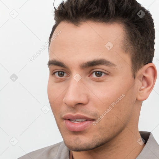 Neutral white young-adult male with short  brown hair and brown eyes