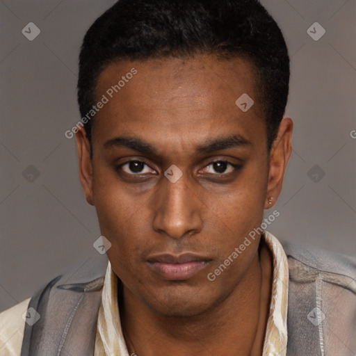 Neutral black young-adult male with short  black hair and brown eyes