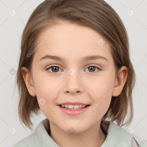 Joyful white child female with medium  brown hair and brown eyes