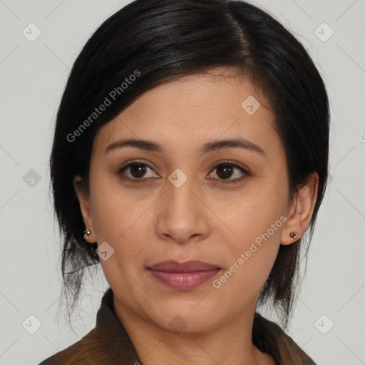 Joyful asian young-adult female with medium  brown hair and brown eyes