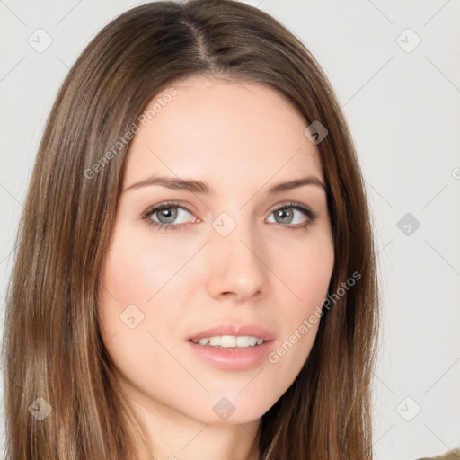 Neutral white young-adult female with long  brown hair and brown eyes