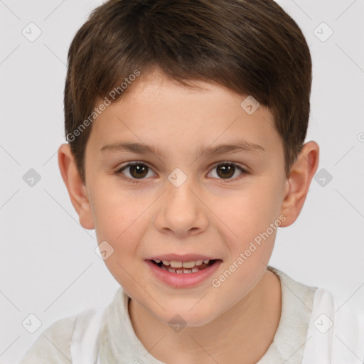 Joyful white child female with short  brown hair and brown eyes