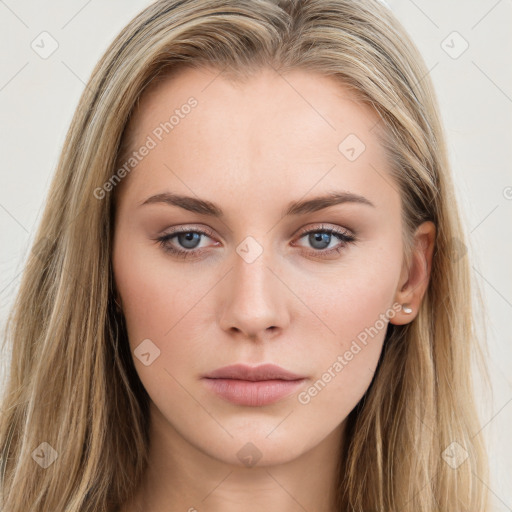 Neutral white young-adult female with long  brown hair and grey eyes