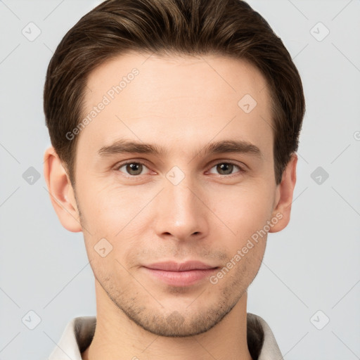 Neutral white young-adult male with short  brown hair and brown eyes