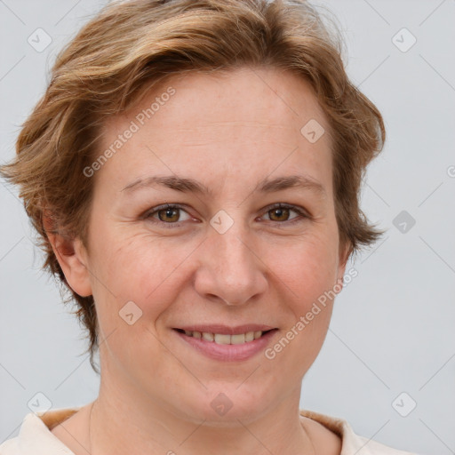 Joyful white adult female with short  brown hair and brown eyes