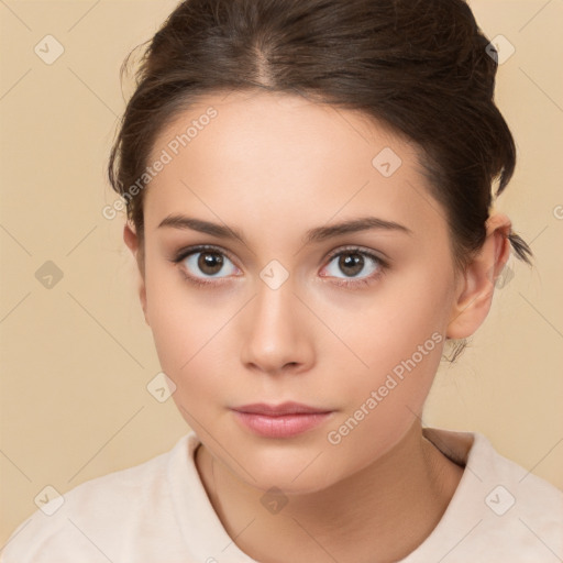 Neutral white young-adult female with medium  brown hair and brown eyes