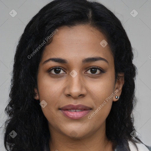 Joyful latino young-adult female with long  brown hair and brown eyes