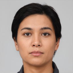 Neutral asian young-adult female with short  black hair and brown eyes