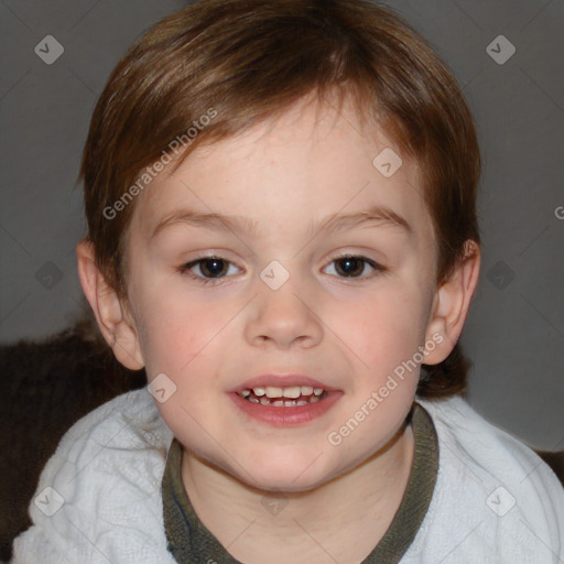 Joyful white child female with medium  brown hair and brown eyes