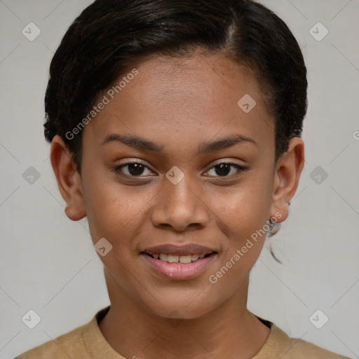 Joyful asian young-adult female with short  brown hair and brown eyes