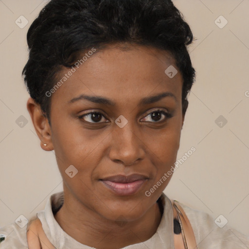 Joyful latino young-adult female with short  brown hair and brown eyes