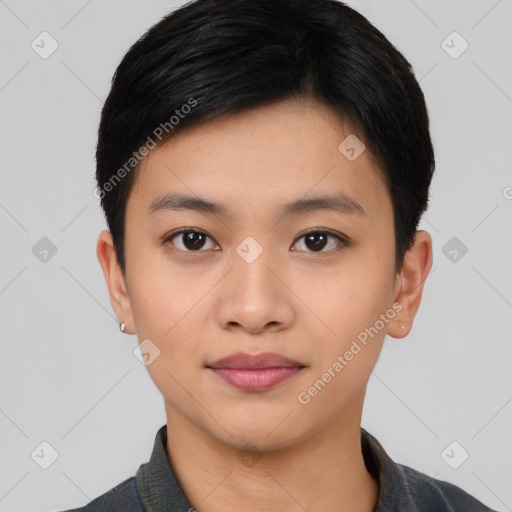 Neutral asian young-adult female with short  black hair and brown eyes