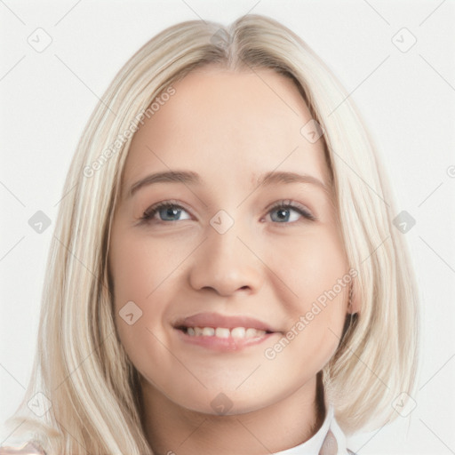 Joyful white young-adult female with medium  brown hair and blue eyes