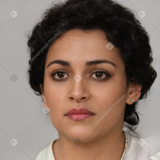 Neutral latino young-adult female with short  black hair and brown eyes