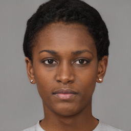 Neutral black young-adult female with short  black hair and brown eyes