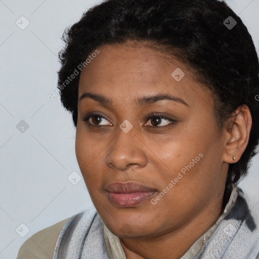 Joyful latino young-adult female with short  black hair and brown eyes