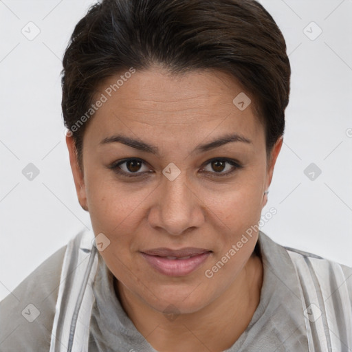Joyful white adult female with short  brown hair and brown eyes