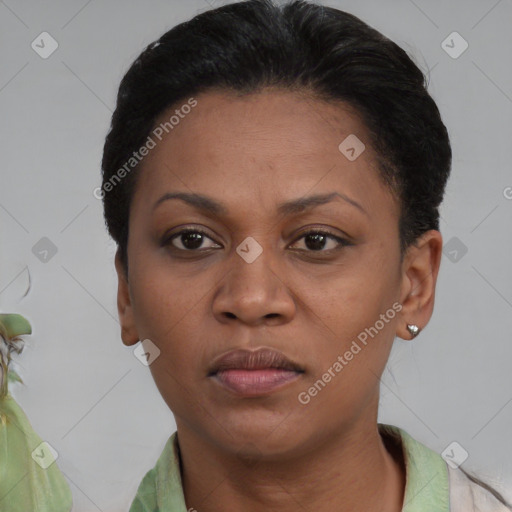 Joyful latino young-adult female with short  brown hair and brown eyes