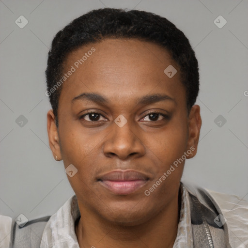 Joyful latino young-adult female with short  brown hair and brown eyes