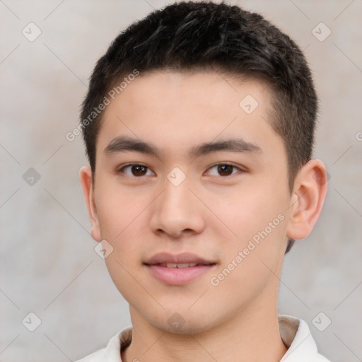 Neutral white young-adult male with short  brown hair and brown eyes