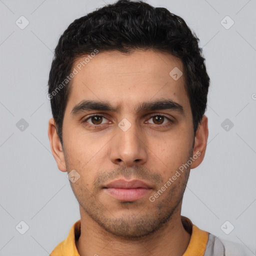 Neutral white young-adult male with short  black hair and brown eyes