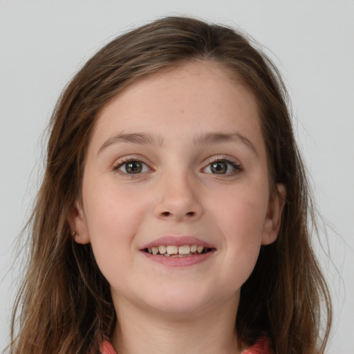 Joyful white child female with long  brown hair and grey eyes