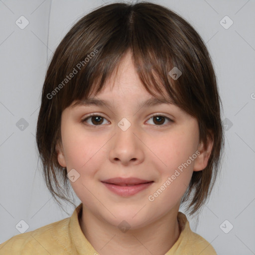 Joyful white child female with medium  brown hair and brown eyes