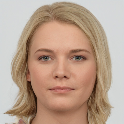 Neutral white young-adult female with medium  brown hair and blue eyes